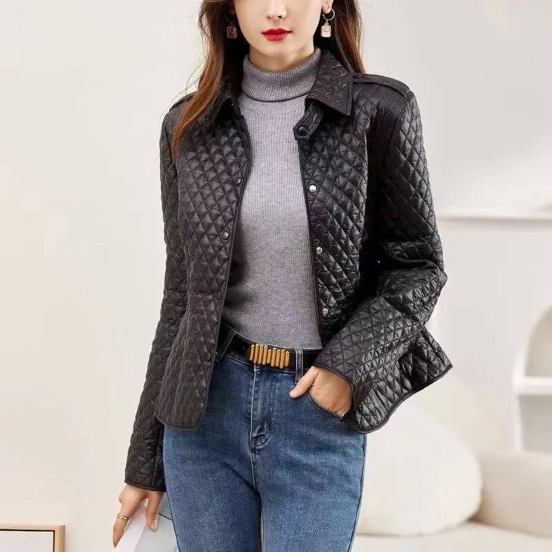 Short cotton jacket womens winter jacket black brown diamond checkered cotton jacket fashionable puff jacket 241107
