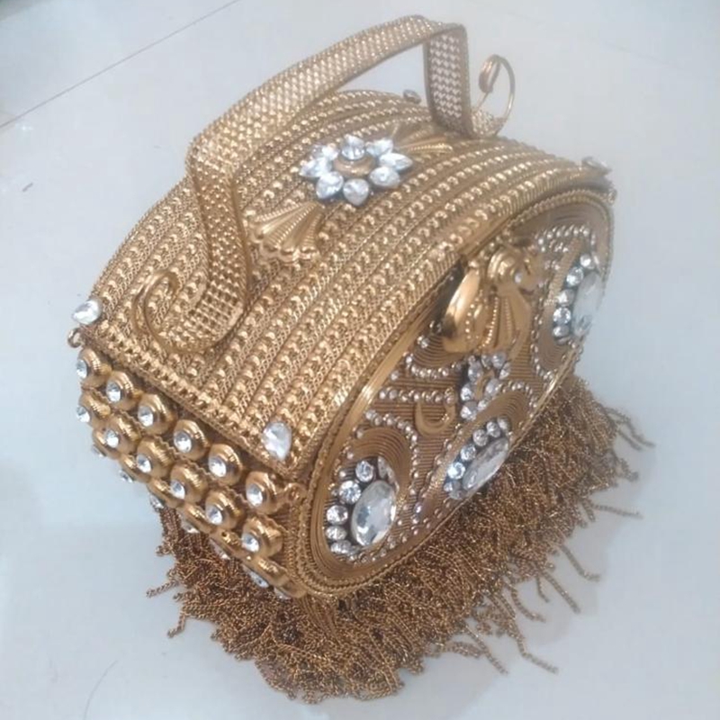 DOYUTIG Indian Design Women's Gold Long Tassels Handmade Bead Clutches Lady Classical Rhinestone Tassel Wedding Evening Bag F698