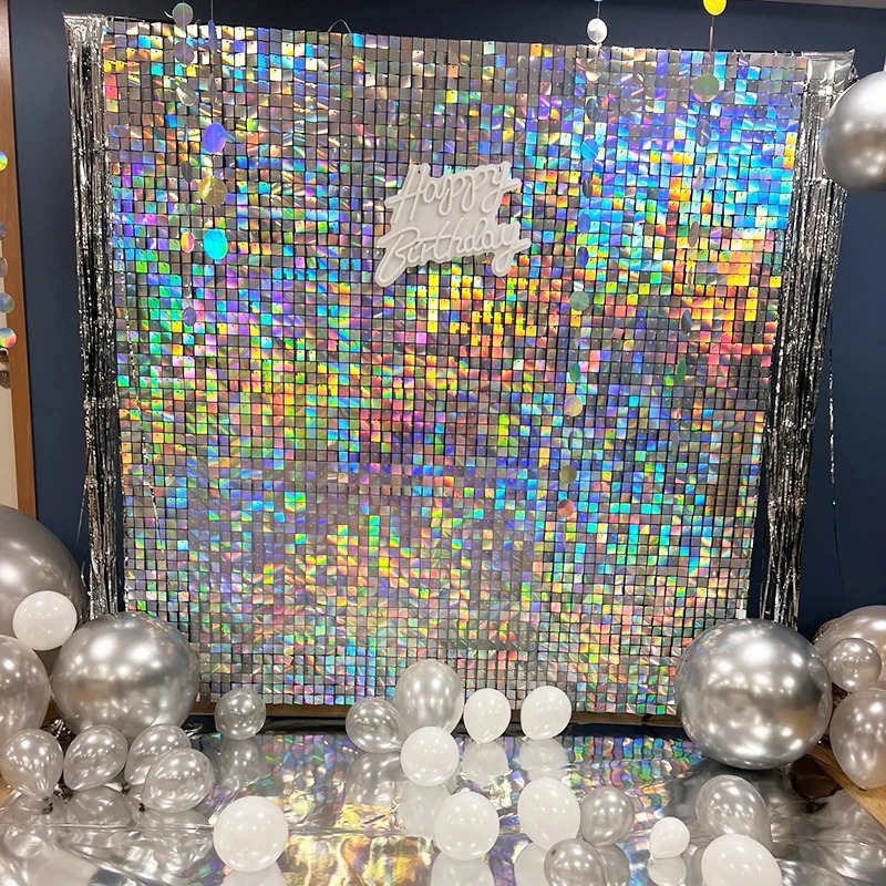 90x180cm Shimmer Wall Backdrop 18Pcs Iridescent Silver Sequin Shimer Panels for Birthday Party Wedding Marriage Decorations 241107