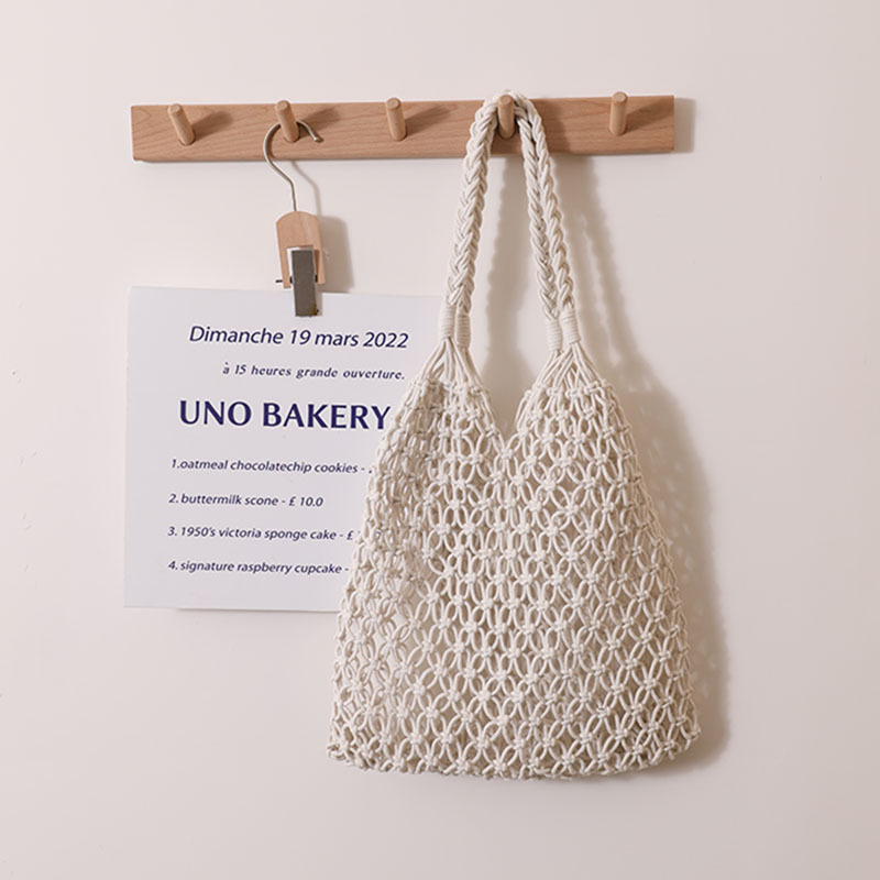 Large Capacity Hollow Woven Handbag Portable Beach Bag Casual Solid Color One-shoulder Bag Cotton Rope Handmade Net Bag