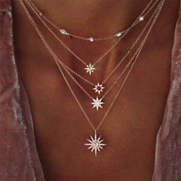 Cross Border Temperament Simple Star Snowflake Necklace European and American Fashion High-end Sense Niche Light Luxury Pendant Collarbone Chain for W