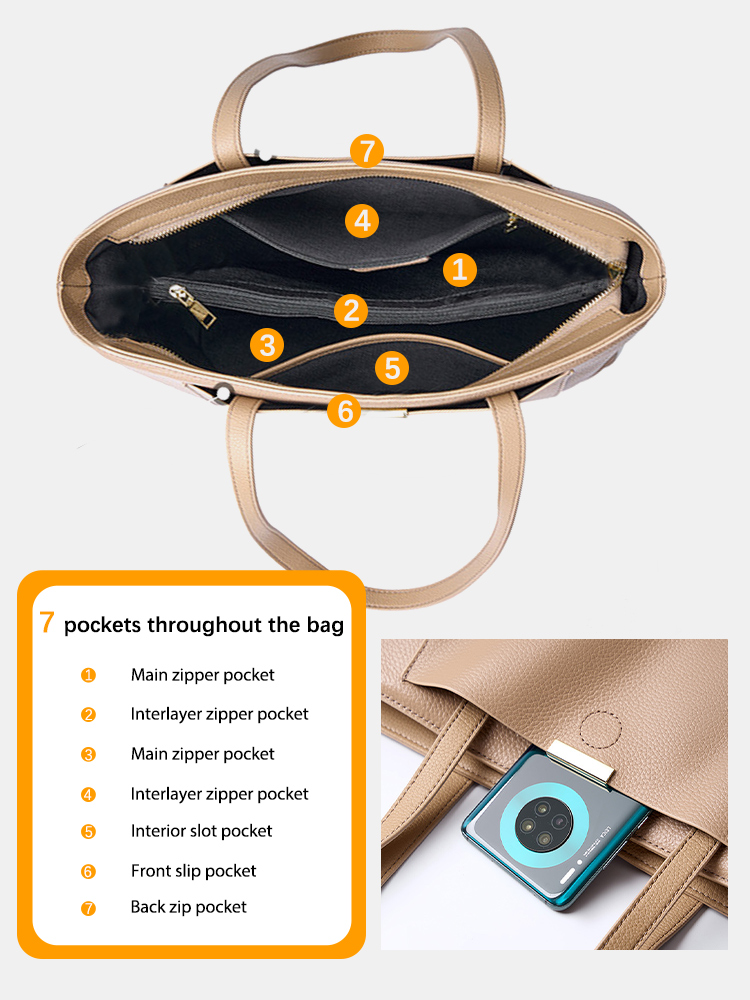 Zency Soft Cowhide Leather Women Shoulder Bag Tote Handbag Large Capacity Lady Shopping Bag Front Pocket For Notebook Phone iPad