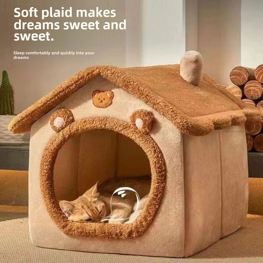 House Soft Pet Bed Tent Indoor Enclosed Warm Plush Sleeping Nest Basket with Removable Cushion Travel Dog Accessory