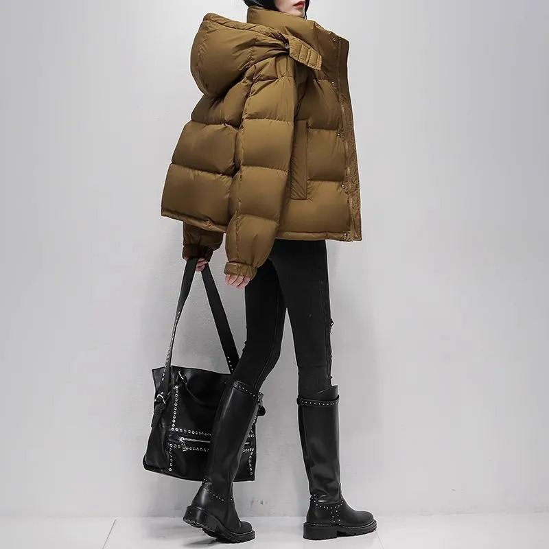 Womens Short Brown Down Jacket Winter 90 White Duck Down Thick Coat Womens Loose Hooded Parka Coat 241107