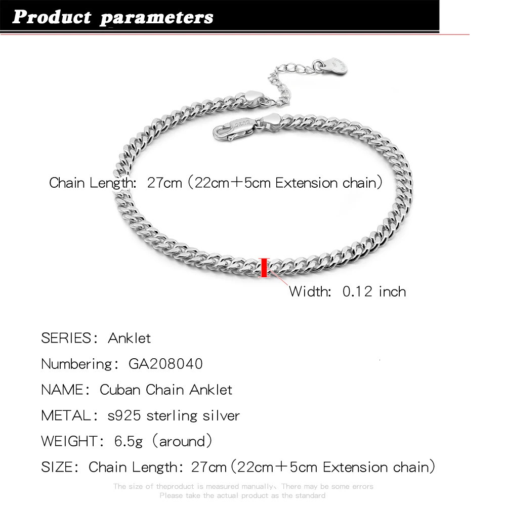 Trendy Jewelry 925 Pure Silver Cuban Chain Foot Bracelet Barefoot Jewelry Leg Temperature Foot Bracelet 241107