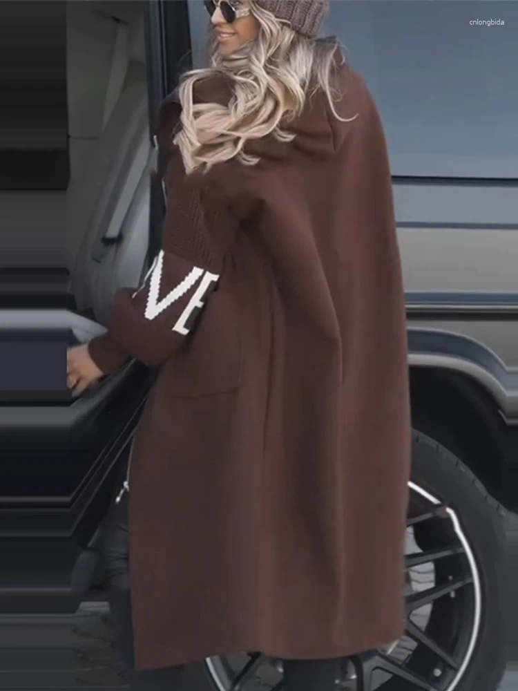 Womens Trench Coats Long Women Solid Casual Hoodies Lace Up Letter Sleeves Pockets Female Top 2024 Autumn Winter Eleagnt Lady Outerwears