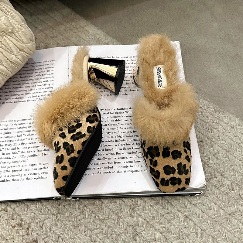 Winter Women Fur Shoes Elegant Fashion Closed Toe Mules 5cm High Heel Height Shoes Lady Sexy Chunky Soft Warm Slippers 241106