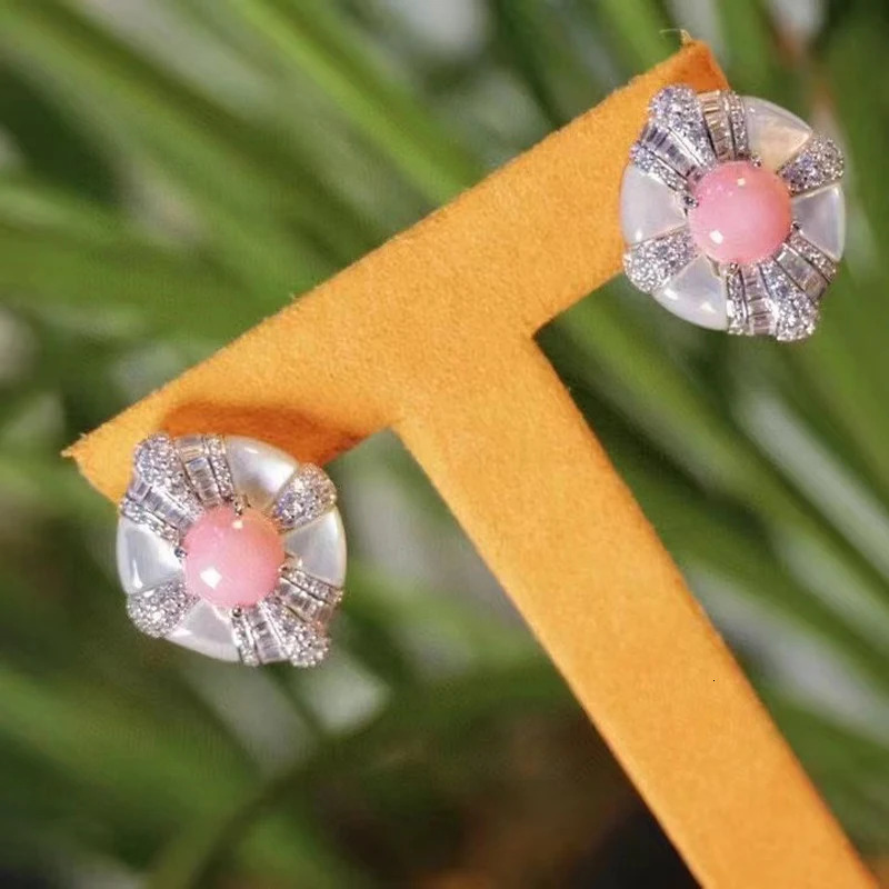 Pink sea shell earrings white 925 sterling silver cubic zirconia cute and romantic womens gift elegant wedding party 241106