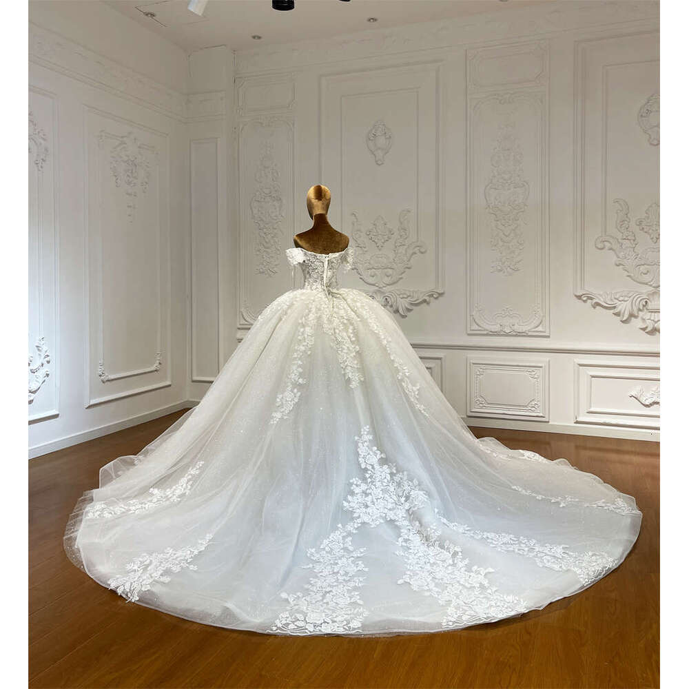 Customized Off The Shoulder Full Lace Applique Ball Gown Wedding Dress