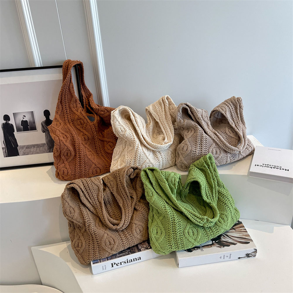 Wool Knitted Shoulder Shopping Bag for Women Vintage Cotton Cloth Girls Tote Shopper Bag Large Female Handbag Crochet Bag