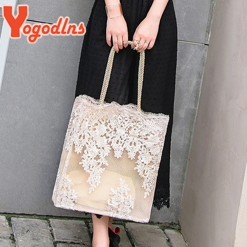 Yogodlns Lace Embroidery Handbag Women Large Capacity Shoulder Bag Elegant Lady Handle Bag New Trend Beach Bag Shopping Wallet
