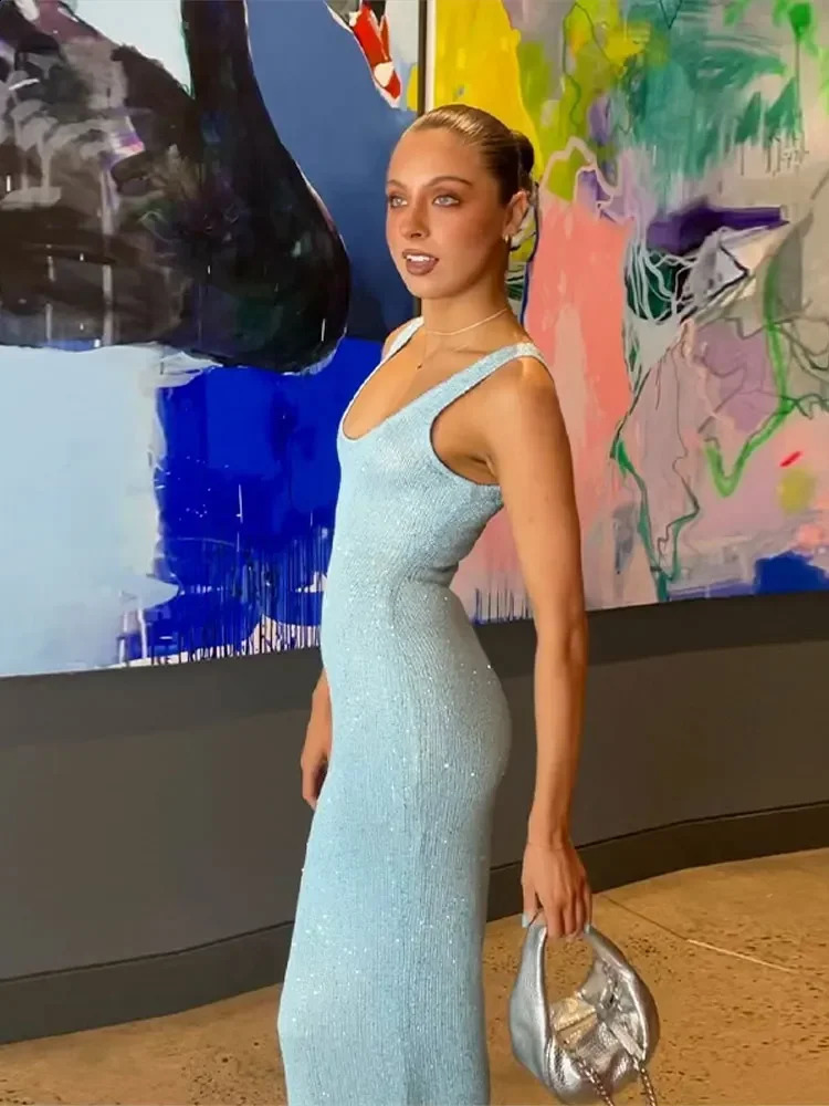 Elegant Solid Sequins Bodycon Dress For Women Banquet Sleeveless Square Collar Shiny Gown Lady Fashion Party Evening Dresses 240327