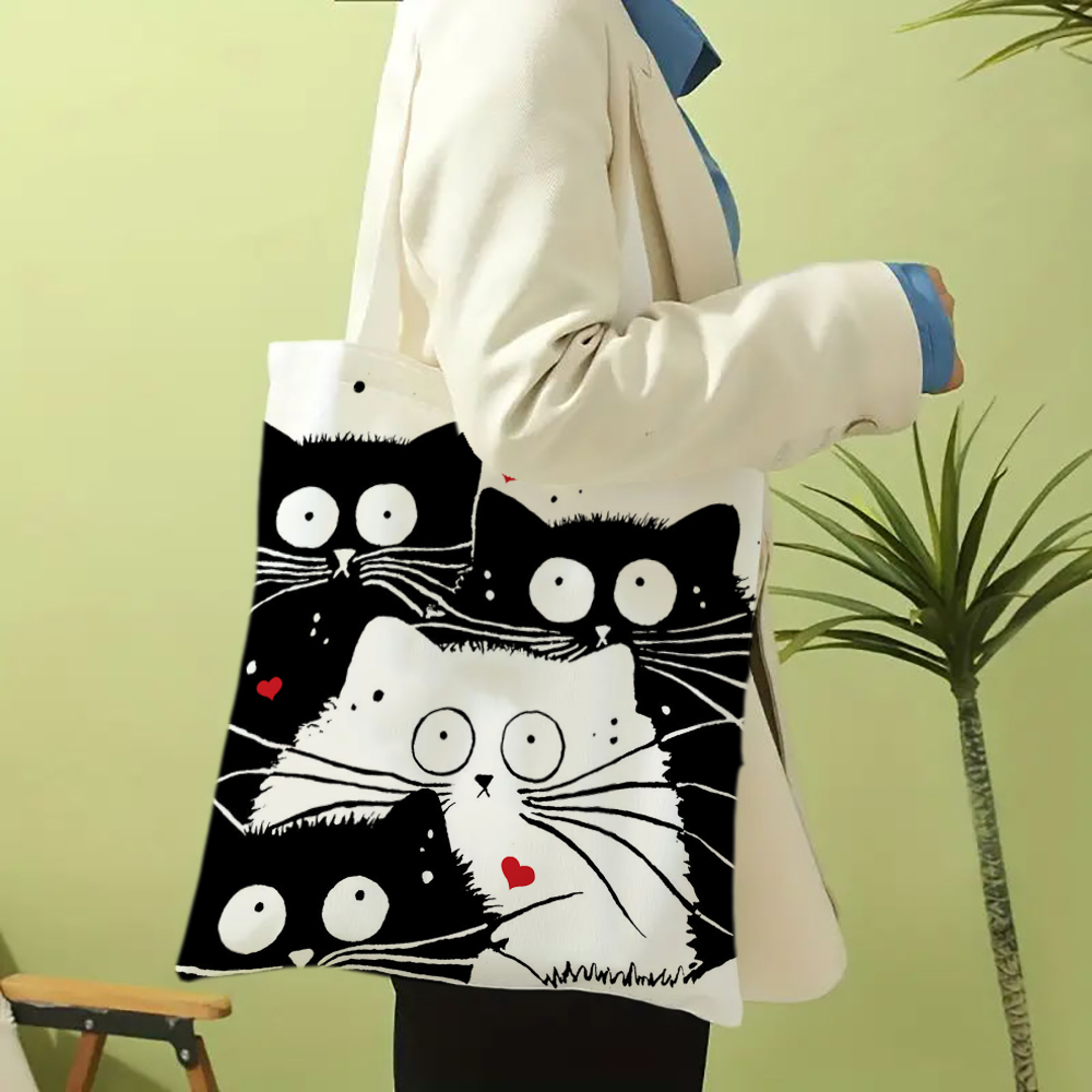 Cute Cat Shopping Grocery Reusable School Girl Gift Andeiltech Linen Tote Bag for Women Aesthetic No Zipper