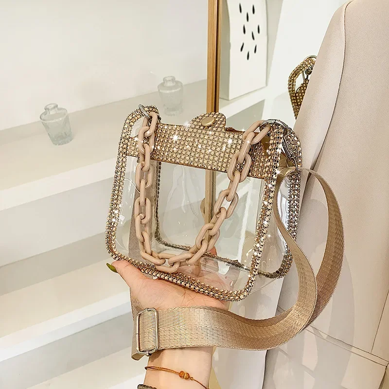 PVC Transparent Shoulder Crossbody Bag for Women Rhinestone Thick Chain Ladies Small Purse and Handbags Fashion Jelly Beach Tote