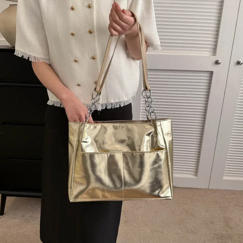 Casual Handbags for Women 2024 New Large-capacity Shoulder Bags Texture Bright Pu Leather Tote Bags for Women Chain Elegant Bags