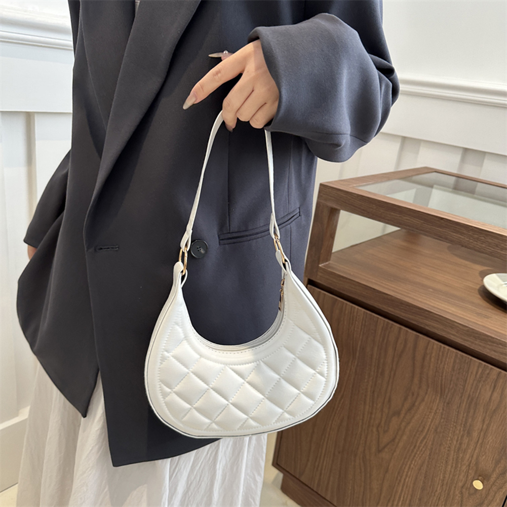 Fashion Plaid Crescent Shoulder Bag Trendy Clutch Purse PU Leather Shoulder Purse Solid Color Small Hobo Bag for Women