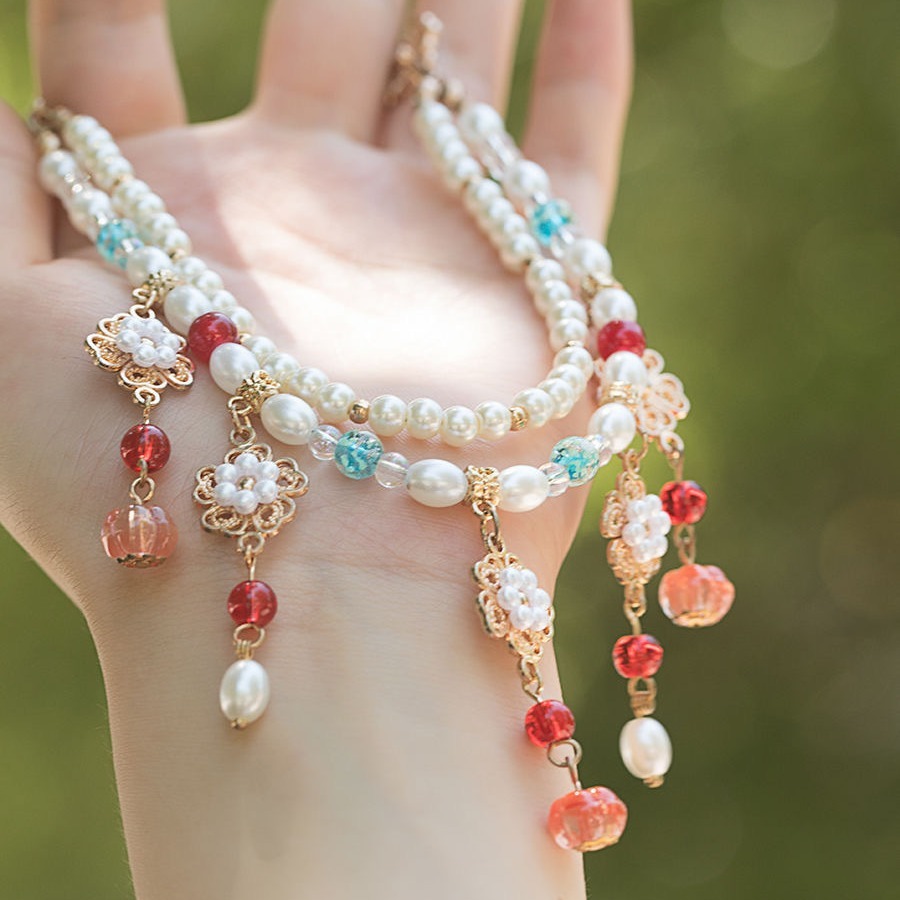 Double Layered Glass Necklace with Chiming Sound, Ancient Style Necklace Women's Pearl Flowers Tang Style Ancient Costume Retro Hezi Skirt Hanfu 