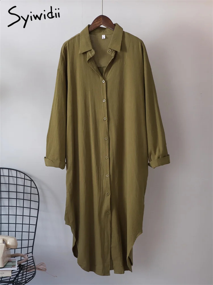 Syiwidii White Shirts Dress for Women Oversized Casual Cotton Loose Dresses Long Sleeve Button Up Blue Midi Long Blouses Dress 240325