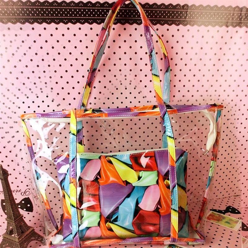 Fashion Portable Printed Shoulder Beach Bag Womens Shoulder Bag Fashion See Through Tote Bag Shoulder Purse With Inner Purse
