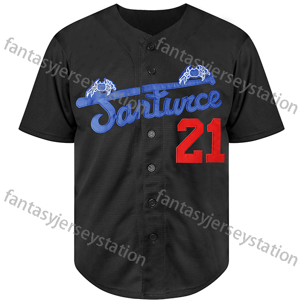 Men's #21 Black Embroidered Baseball Jersey CLEMENTE Polyester Top, V-Neck, Knit Fabric, Loose Fit, Sports Style for Training, Team Sports, Party
