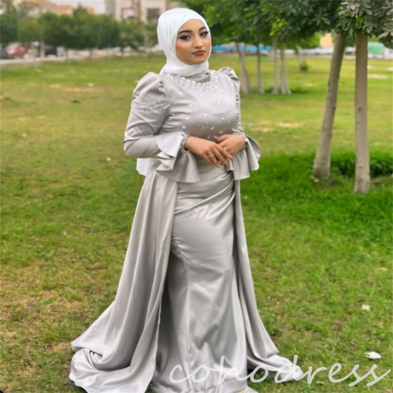 Gorgeous Silver Muslim Evening Dresses With Overskirt Train Islamic Middle East Arabic Dubai Prom Dress With Crystal Beaded Mermaid Birthday Dress Lon
