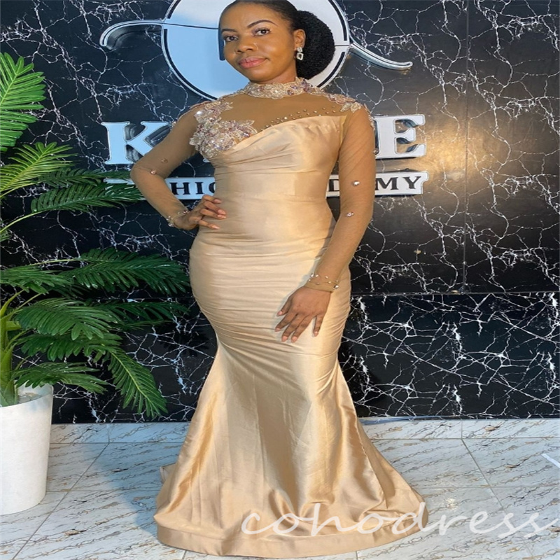 Champagne Mermaid Evening Dresses Illusion Long Sleeve Mermaid African Prom Dress Beaded Appliques Satin Ceremony Dress Black Girls Vestidos De Festa 