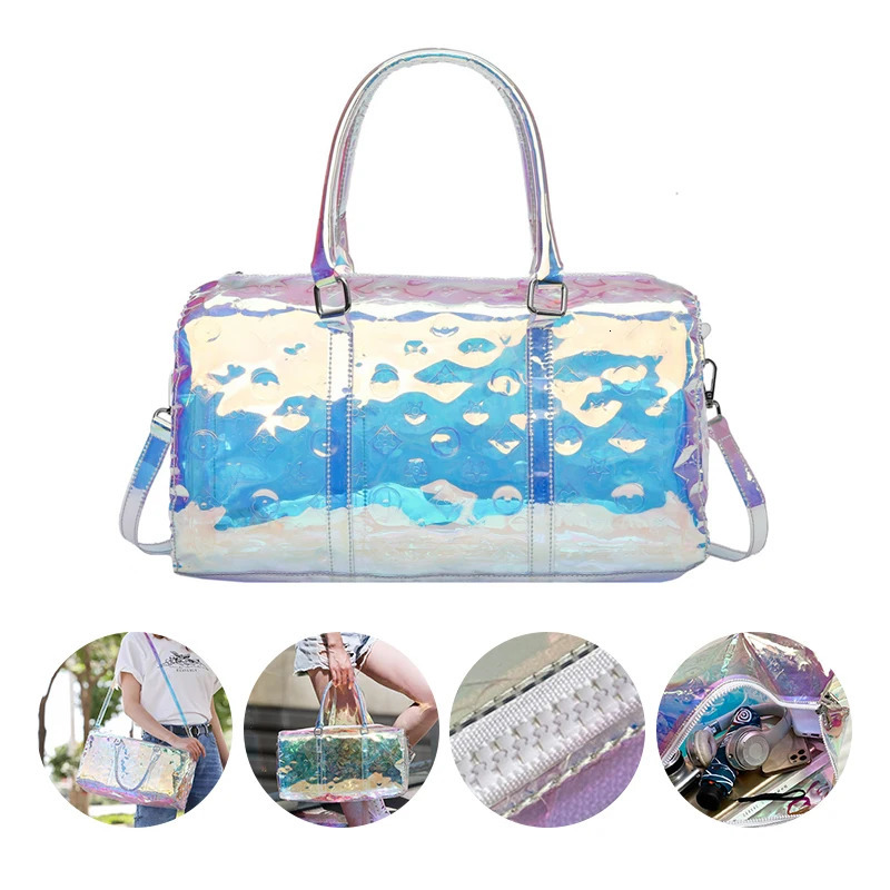 Womens travel bag leisure and fitness bag sports laser colored transparent handbag outdoor large capacity sports and fitness bag 241106