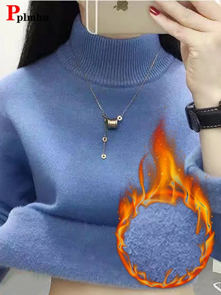 Slim Plush Half Turtleneck Sweaters Womens Knitwears Velvet Warm Jumper Elastic Thick Knitted Pullovers Soft Fleece Suete 241107