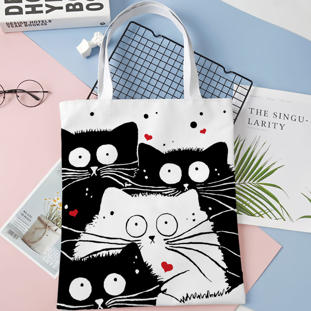 Cute Cat Shopping Grocery Reusable School Girl Gift Andeiltech Linen Tote Bag for Women Aesthetic No Zipper