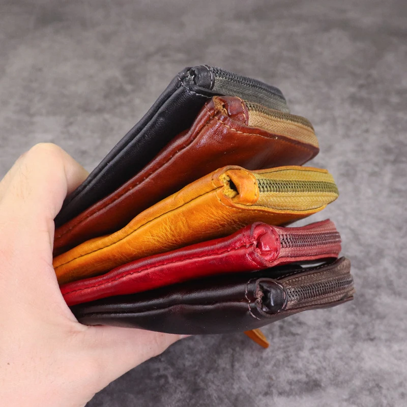 Coin Purse for Men Vintage Mini Wallet Original Leather Change Pouch Household Portable Keys Card Storage Bag Zipper Card Holder