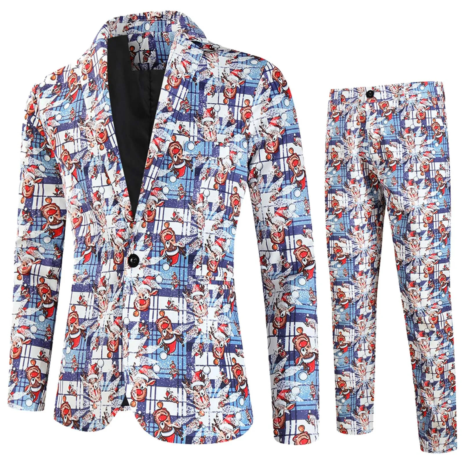 Christmas mens two-piece set fashion printed jacket and mens set spring and autumn lapel party dress formal jacket 241106