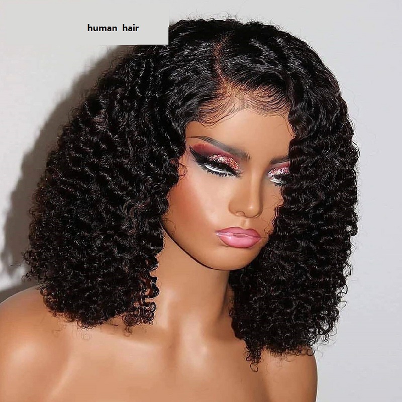Women's Wig Kinky Curly BOB Wig Bobo Head Set Human Hair Wig 5X5T T STYLE 150 %