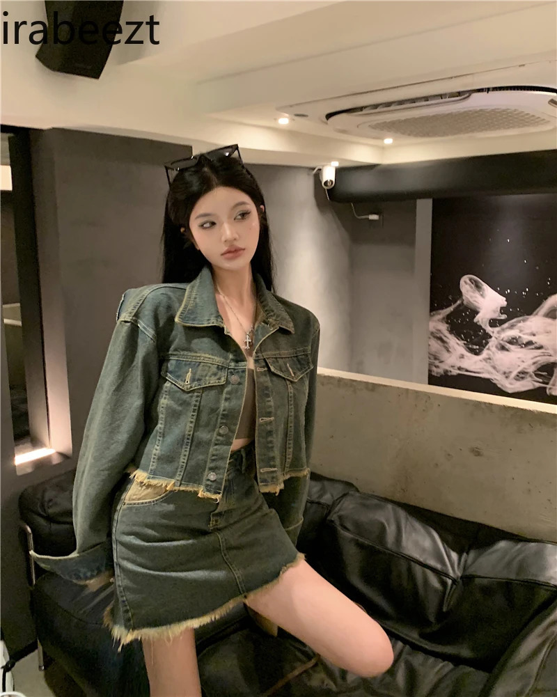 Autumn Denim Women Clothing Retro Denim Coat and High Waist Skirt Two Pieces Set Suit for Women Female Blazer Sets with Skirt 241107