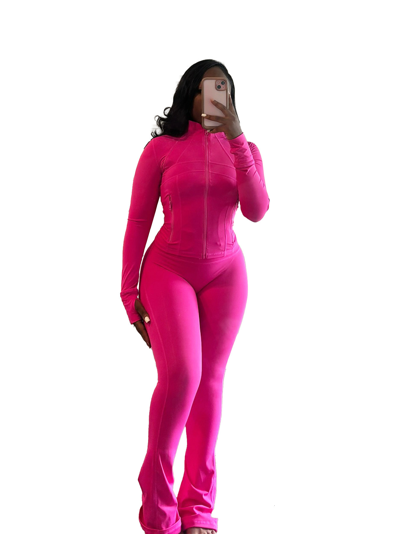 New Autumn Womens Tracksuit Sports Leisure Sweatsuit Sexy Tight Two Piece Set Women Long Sleeve Zipper Neck Jacket Top Flare Pants Casual 2Pcs Jogging