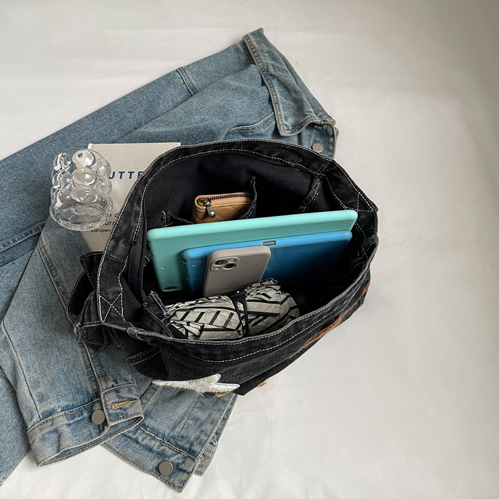 Star Denim Shoulder Bag Large Capacity Trendy Crossbody Bag with Zipper Adjustable Strap Messenger Bag Multi Pocket for Women