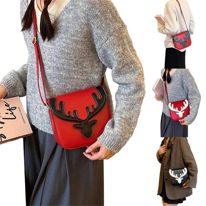 Fashionable Christmas reindeer pattern shoulder bag for women small PU bag cross shaped mobile phone bag for girls casual full matching messenger hand