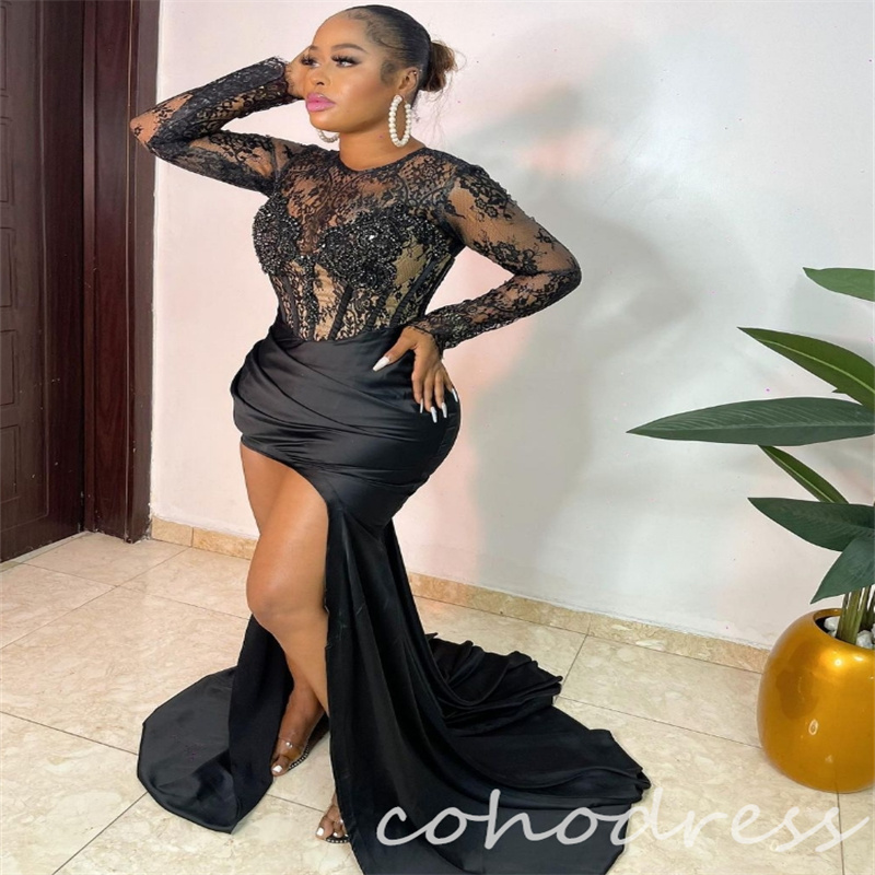 Gorgeous Black Evening Dresses With Beaded Elegant Long Sleeve Lace Mermaid Prom Dress For Black Girls High Slit Dinner Dance Party Dress Formal Occas