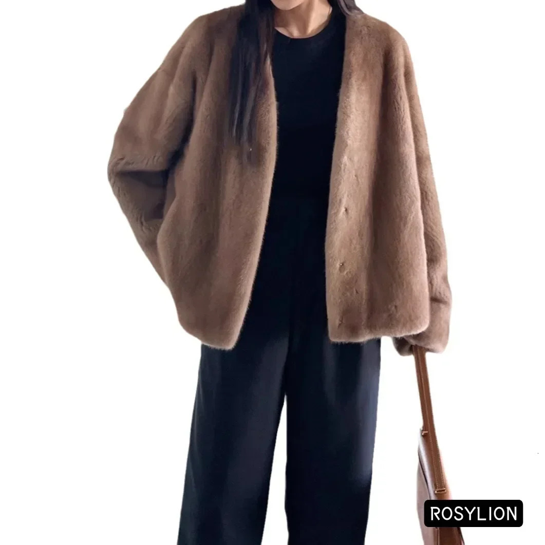 Mink womens fashionable V-neck European mink velvet coat loose faux mink velvet jacket womens gray brown streetwear 241107