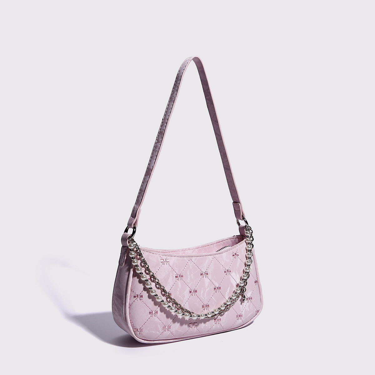 Women's New Bag Pink Pearl Metal Double Chain Underarm Handbag White Commuter Bags