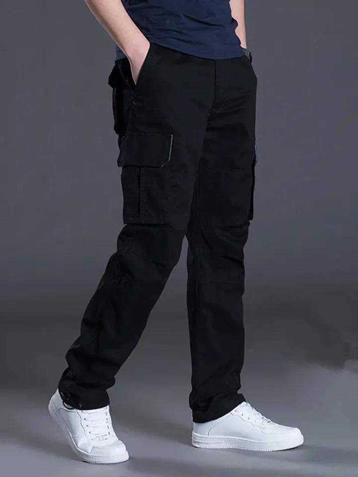 Cotton multi flap pocket mens straight leg cargo pants loose casual outdoor pants mens work pants hiking tactics 241106