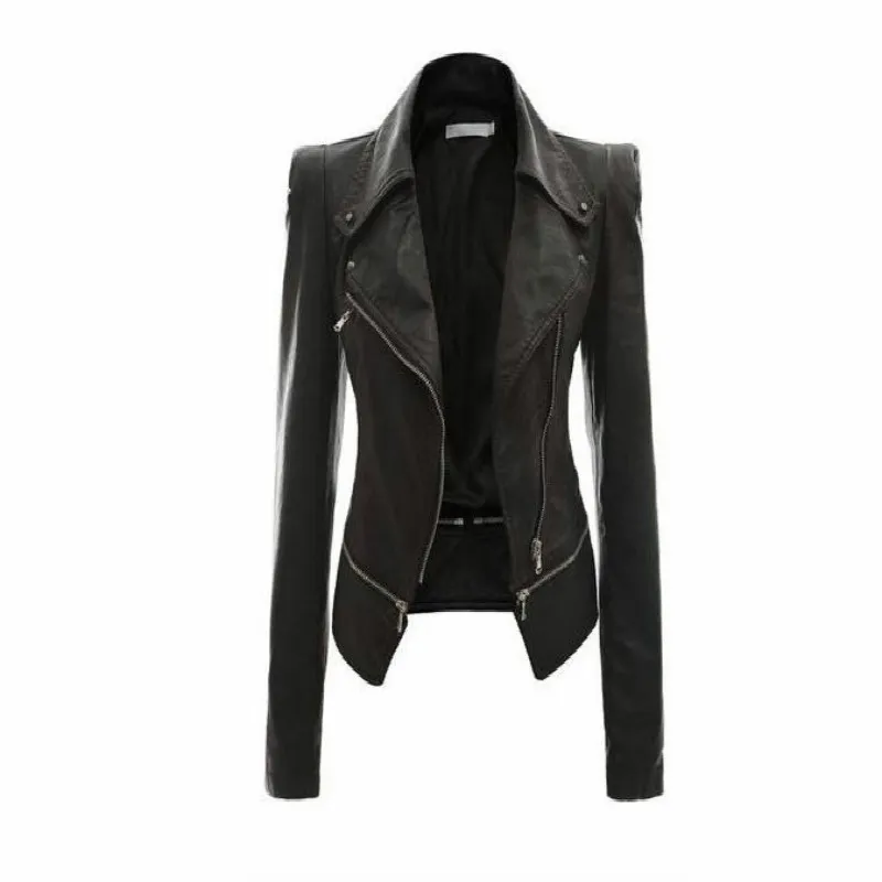 Women Leather Jacket Rivet Zipper Motorcycle Jacket Turn Down Collar chaquetas mujer Argyle pattern Leather Jacket S-3XL