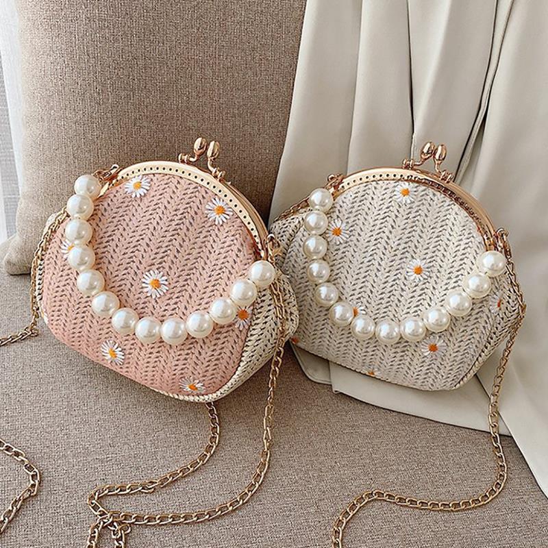 Floral Fake Pearl Top Handle Rattan Bag Shoulder Bag Small Beach HandBags Women Summer Messenger Crossbody Bags