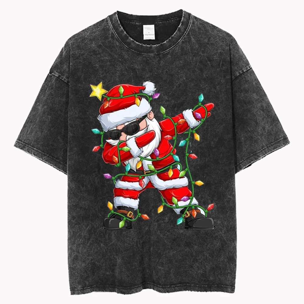 Super sized Santa Claus cotton washed T-shirt for women loose O-neck T-shirt Christmas Y2k casual retro short sleeved top X241107