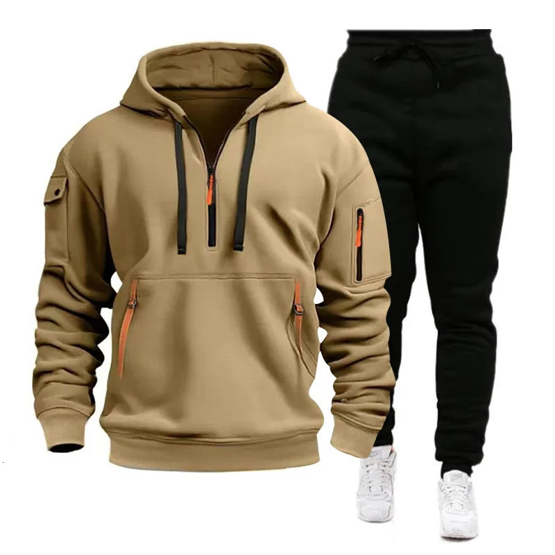 2024 Cross-border Sports Sweater Mens Multi-Pocket Zipper Hoodie Sweatpants Set 241107