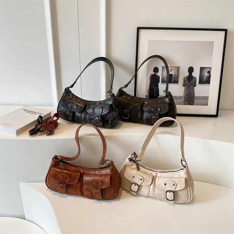 LEFTSIDE Fashion Double Pockets Design PU Leather Shoulder Bag For Women 2023 Tend Female Crossbody Bag Underarm Bags Handbags