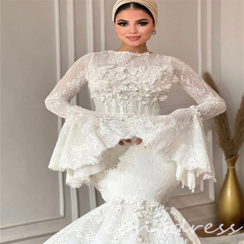 Gorgeous Saudi Arabic Mermaid Wedding Dresses With Florals Elegant Flare Sleeves Muslim Bridal Dress Lace Vestio De Novias Elegant Robe De Mariage 202