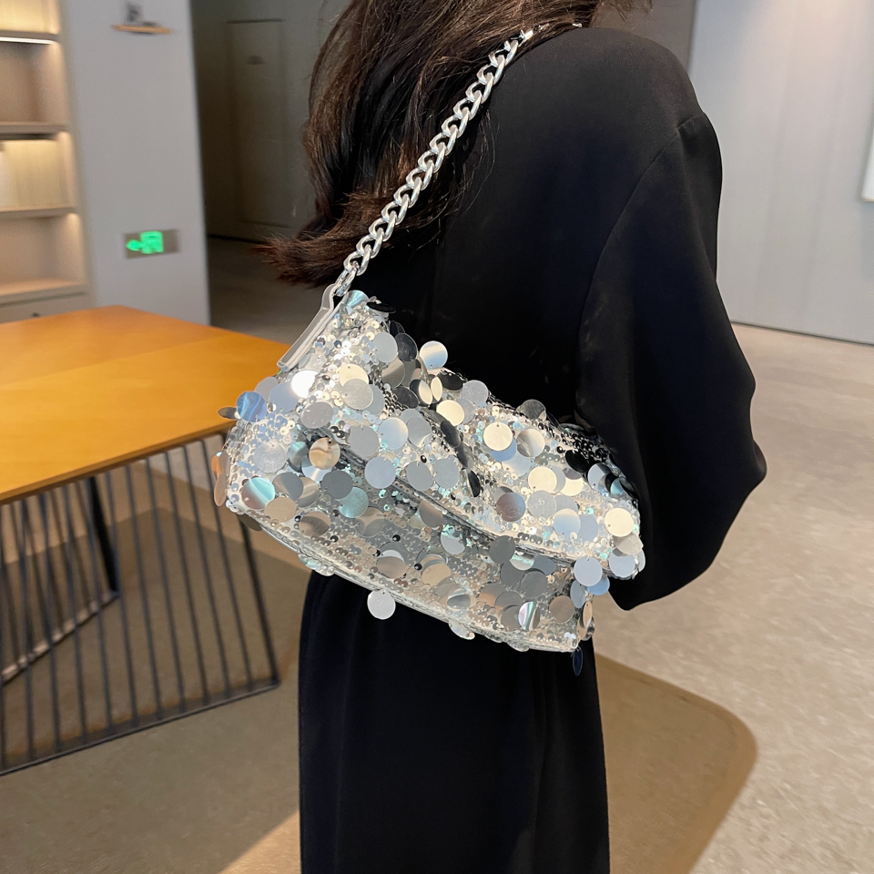 Luxury Sequined Designer Female Women One Shoulder Hobo Bag Lady Handbag Chain Tote Crossbody Dinner Evening Armpit Underarm Bag