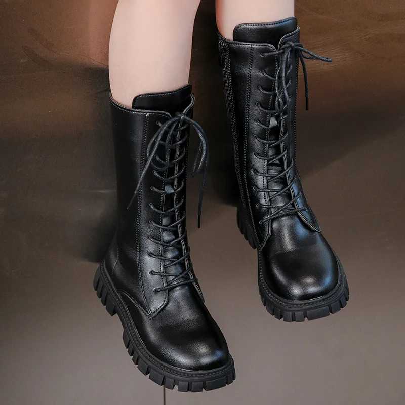 Autumn/Winter ZIP Fashion Cool Baby Girls Warm Square Heel Round Toe Casual Lace-Up Comfortable Kids Black Mid BootsXJ241206