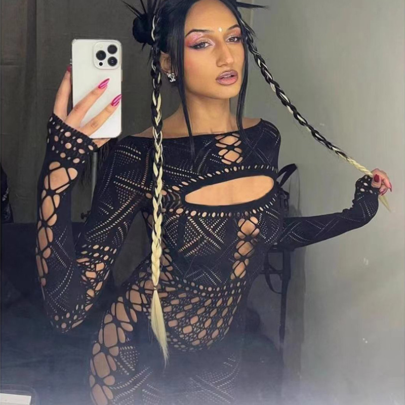 New erotic hollow see-through mesh sexy high elastic jumpsuit