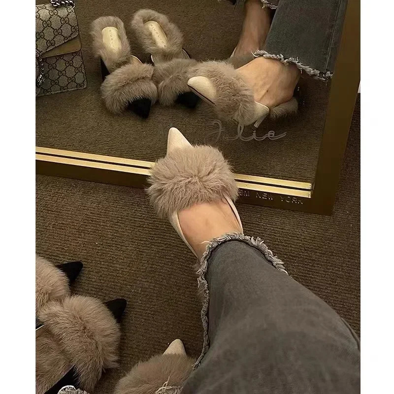 Women High Heel Shoes Fur Slippers Mules Pointed Toe Furry Slides Fashion Elegant er Flip Flops Office Pumps 241106